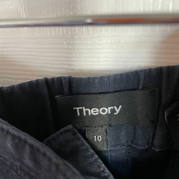 Theory Fluid Pant Soft Crunch linen blend navy pants elastic waist size 10 women - Picture 6 of 9